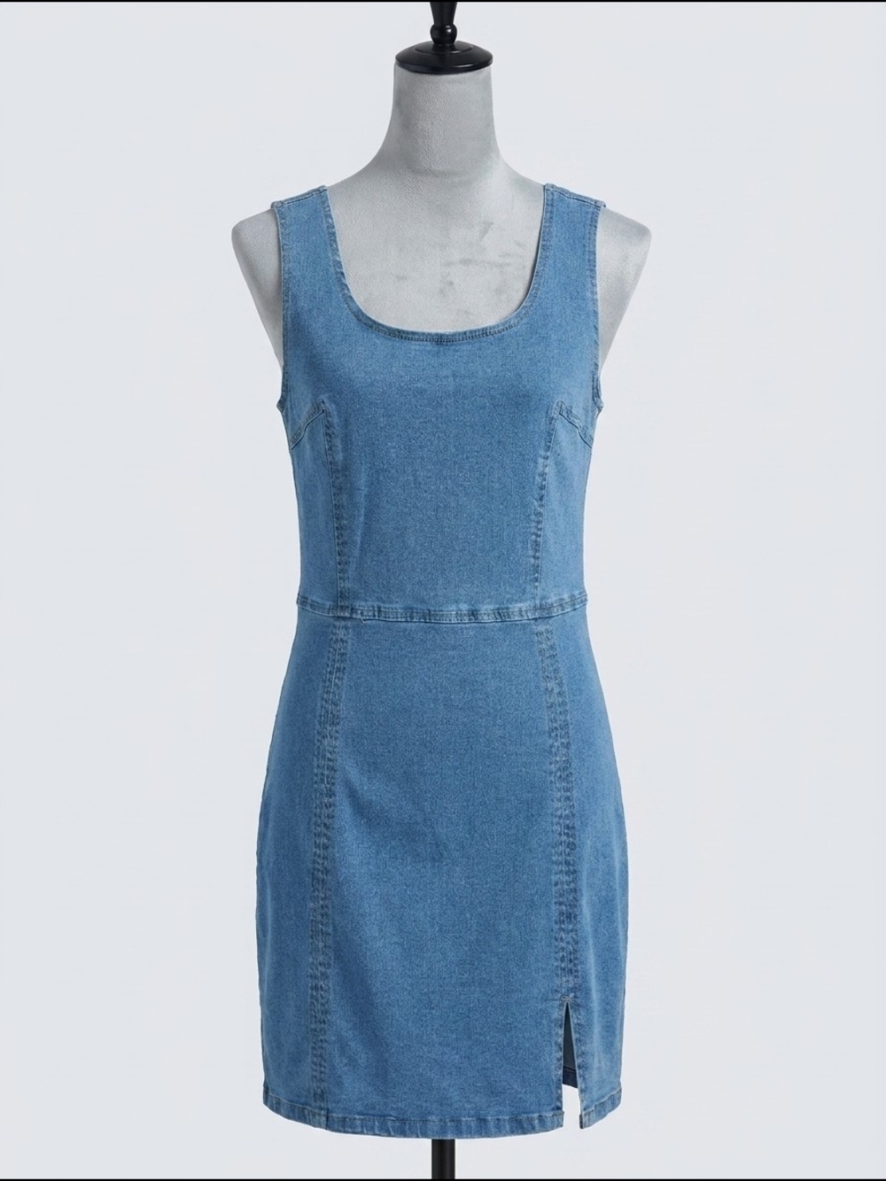 Classic Blue Denim Mini Dress - Sleeveless Scoop Neck